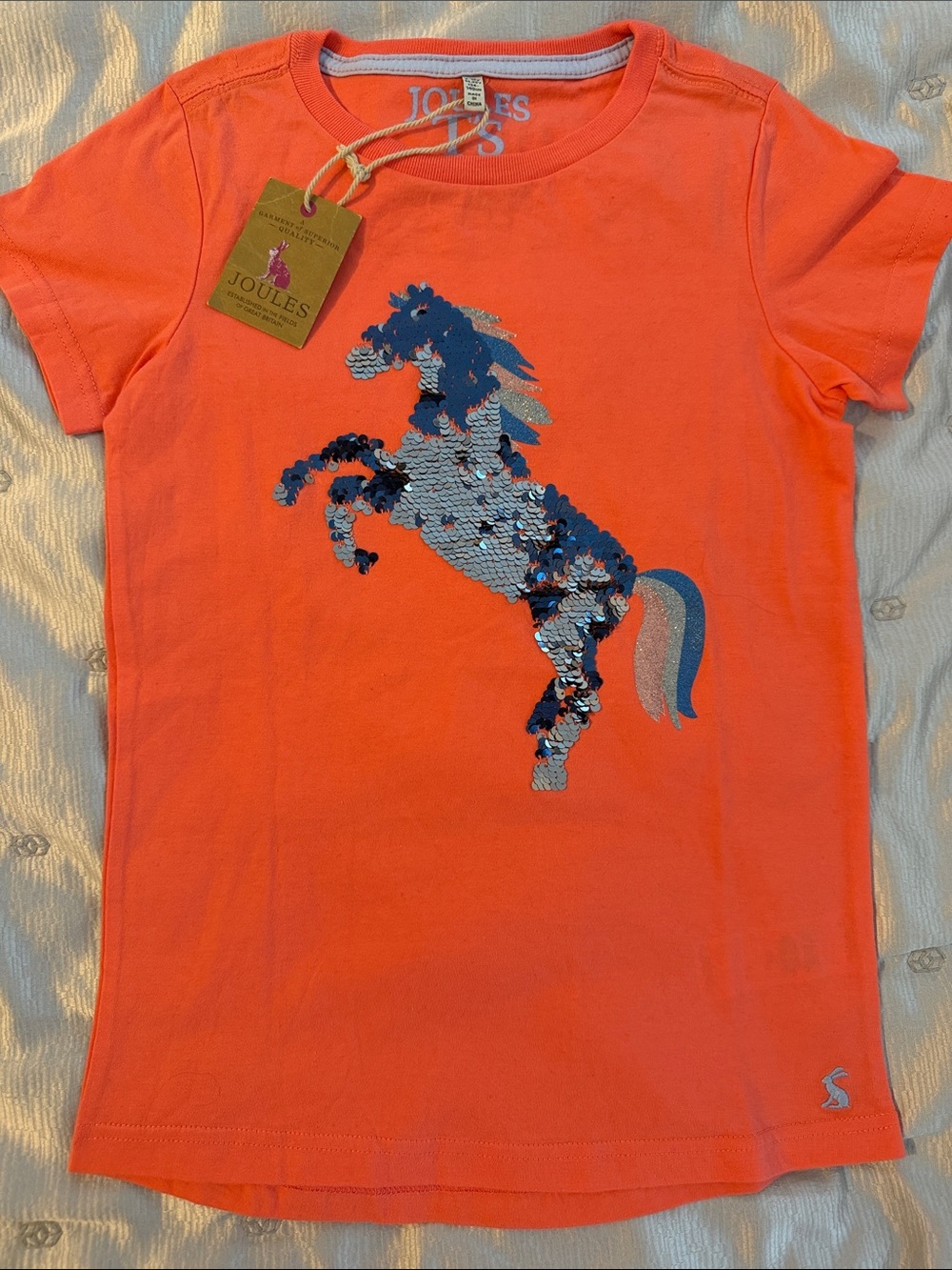 NWT 9-10y (134-140cm) Joules Coral Tee with Blue & Silver Flip Sequin Unicorn